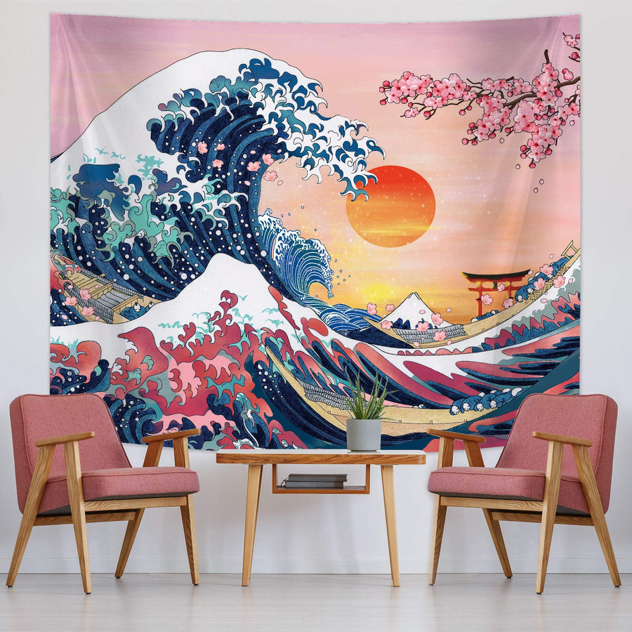 The Great Wave Tapestry Japanese Ocean Wave Wall Tapestry Cherry Blossom Tree Backdrop Sunset Tapestry Mountain Hanging Kanagawa Tapestry for Japanese Living Room Bedroom Decorations (59 x 78.7 Inch)