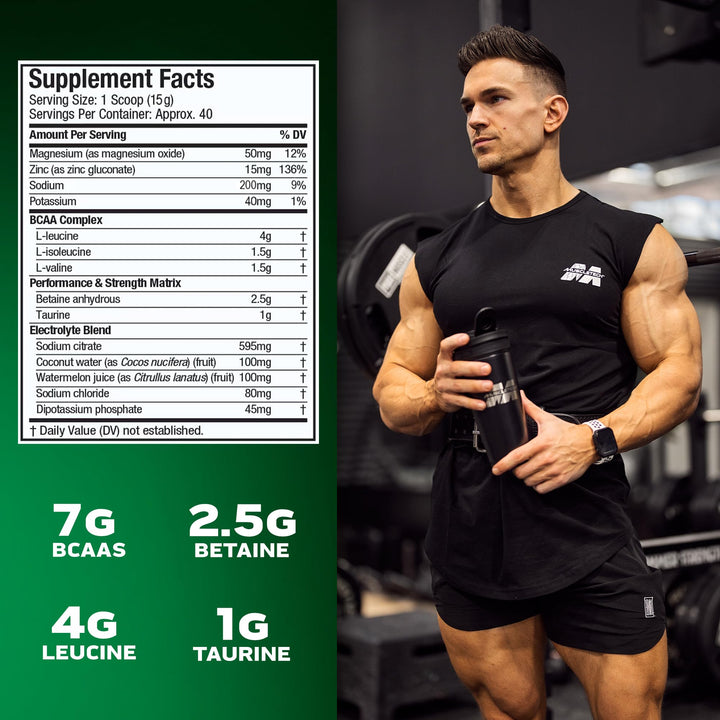BCAA Powder for Men & Women, Strawberry Watermelon - Amino Acids Nutritional Supplement with Electrolytes for Energy, Muscle Gain & Recovery - Sugar-Free Gym Pre-Workout - 40 Servings