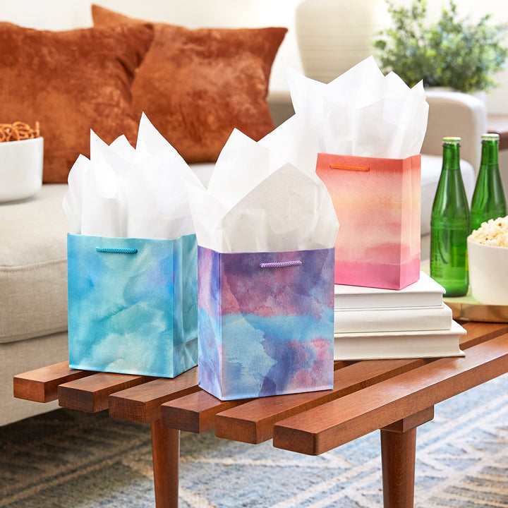 6 Small Easter Gift Bag Bundle (8 Bags, 4 Watercolor Tie-Dye Designs in Pink, Purple, Blue, Green) for Birthdays, Mother's Day, Teachers and More