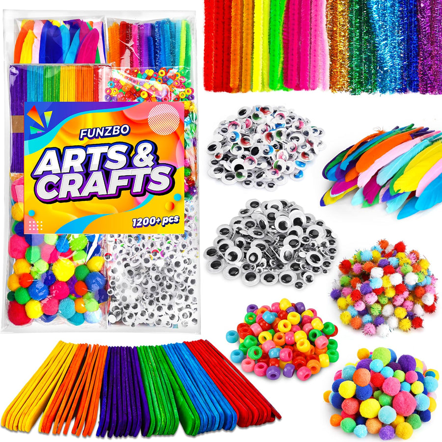 1200pcs+ Arts and Crafts Supplies for Kids - Craft Kits with Pipe Cleaners, Pom Poms for Crafts, Popsicle Sticks for Crafts, Crafts for Kids Ages 4-8, Birthday Gifts for Kids, Girls & Boys