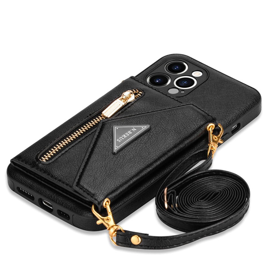 Wallet Crossbody for iPhone 13 Pro Max Phone Case with Lanyard Strap Credit Card Holder 6.7'', PU Leather Protective Handbag Zipper Purse Kickstand Cover Women Girl (Black)