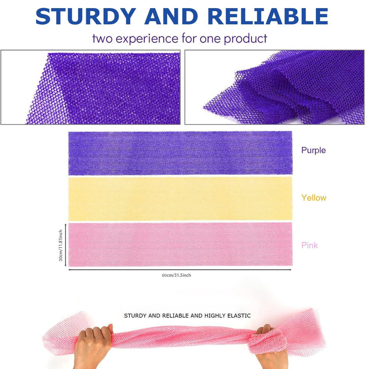 3 Pieces African Bath Sponge African Net Long Net Bath Sponge Exfoliating Shower Body Scrubber Back Scrubber Skin Smoother,Great for Daily Use (Pink,Yellow,Purple)