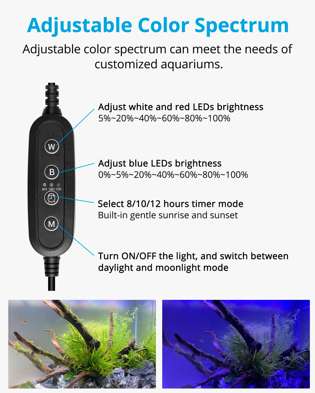 Full Spectrum Planted LED Aquarium Light, with Timer, for Freshwater Fish Tank, IP67, 24-30 Inch, 16 Watts