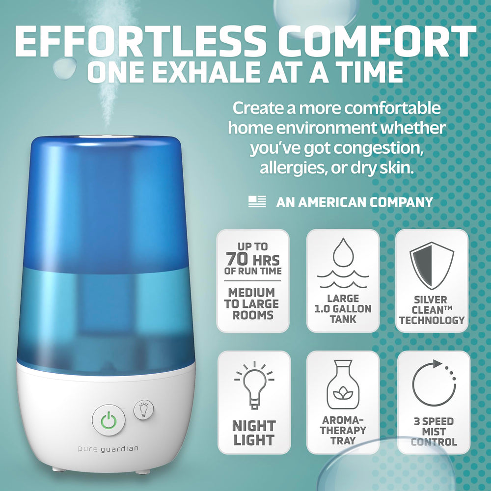 H965AR Ultrasonic Cool Mist Humidifier, 70 Hrs. Run Time, 1 Gal. Tank Capacity, 320 Sq. Ft. Coverage, Small Rooms, Filter Free, Silver Clean Treated Tank, Includes Essential Oil Tray