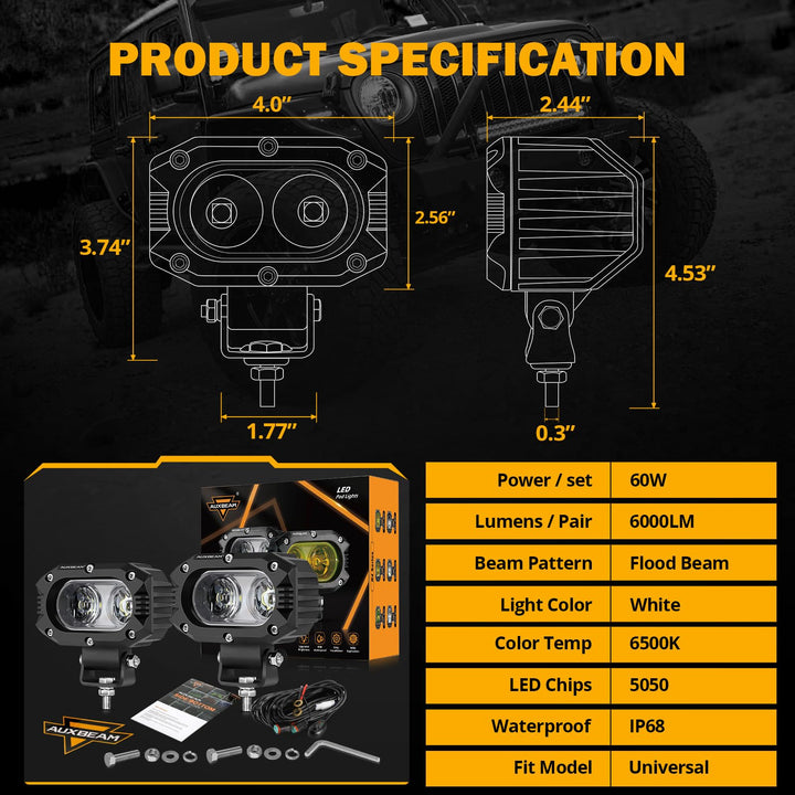 4 Inch LED Light Pods, 60W Square Offroad Driving Light Super Bright 120° White Broad Flood Beam Pods Light with Off Road Wiring Harness for Wrangler Truck Pickup SUV ATV UTV (2 Pcs)