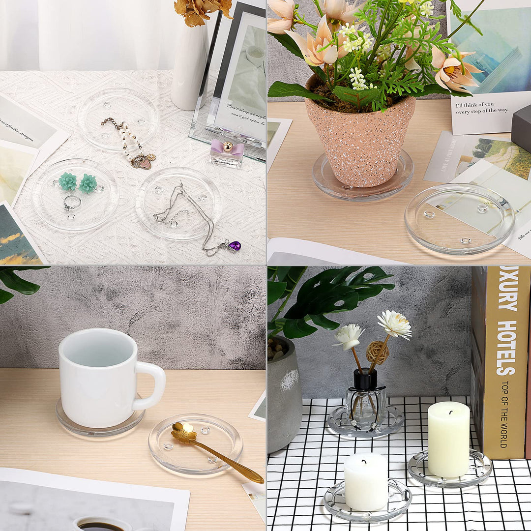 5PCS Clear Glass Candle Plates 3 Inch Pillar Candle Holders, Glass Coaster Holder Small Round Plate Candle Tray Candle Plate for Pillar Candle, Modern Candle Centerpiece for Dining Table Wedding