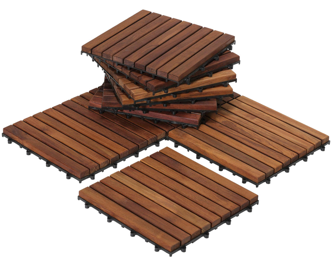 EZ-Floor Interlocking Flooring Tiles in Solid Teak Wood Oiled Finish (Set of 10), Long 9 Slat