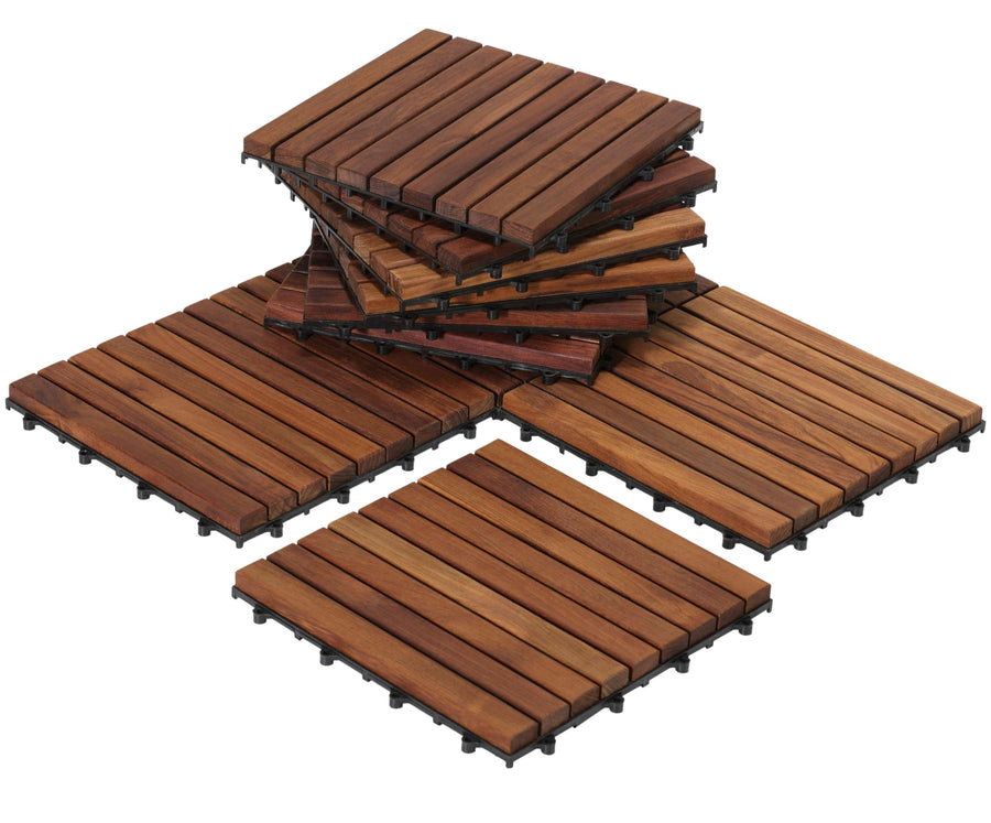 EZ-Floor Interlocking Flooring Tiles in Solid Teak Wood Oiled Finish (Set of 10), Long 9 Slat