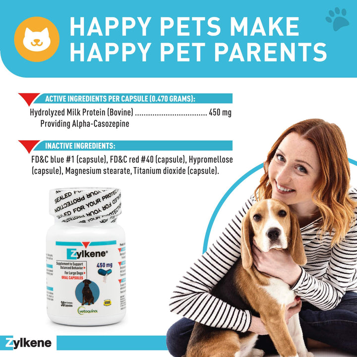 Zylkene Calming Support Supplement for Large Dogs 33-132lbs, Helps Promote Relaxation and Reduce External Stress Factors, Daily Behavioral Support and Anxiety Relief for Dogs, 450mg