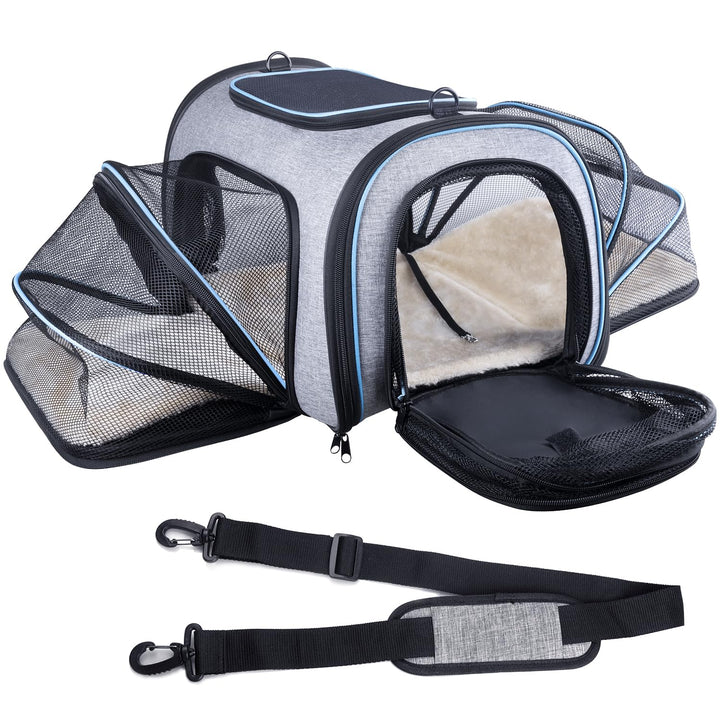 4 Way Expandable Pet Carrier, Airline Approved Collapsible Cat Soft-Sided Carriers W/Removable Fleece Pad for Cats, Puppy, Small Dogs (18x 11x 11)