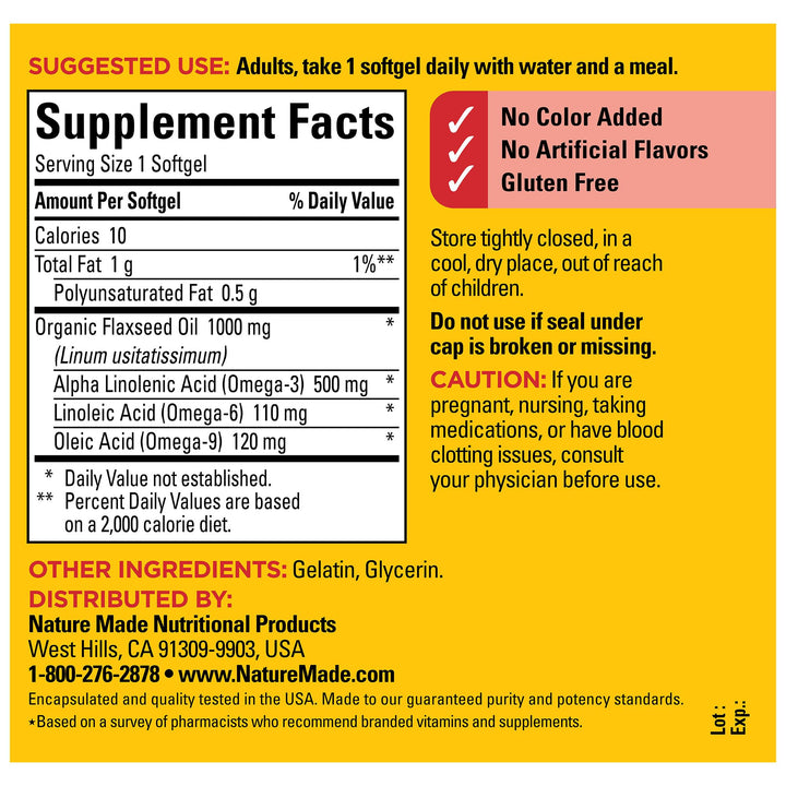 Flaxseed Oil 1000 mg, Fish Free Omega 3 Supplement, Dietary Supplement for Heart Health Support, 100 Softgels, 100 Day Supply