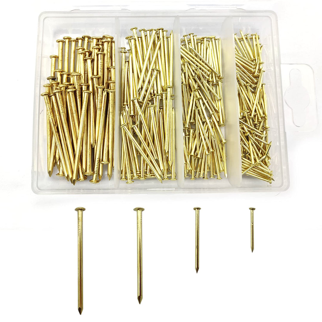 - 450 Pcs Nail Assortment Kit, Brass Nails for Hanging Pictures, Gold Finishing Nails Hardware Assortment Set, (0.78 in|1 in|1.57 in|2 in) Small Nails for Picture Hanging/Wood/Concrete Wall
