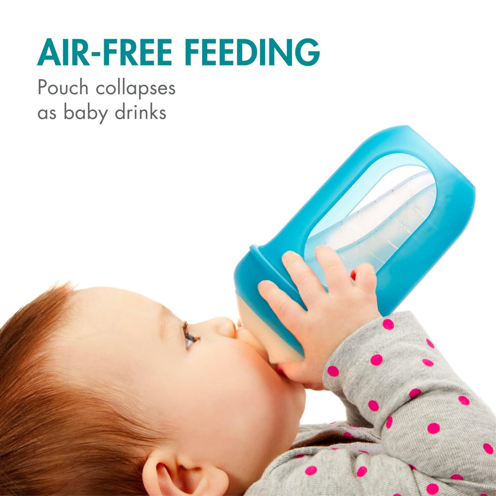 Nursh Reusable Silicone Pouch Baby Bottles - Slow Flow Nipple - Silicone Baby Bottle Pouch and Nipple - Baby Feeding Essentials - Blue - 0-3 Months - 3 Count - 4 Ounce