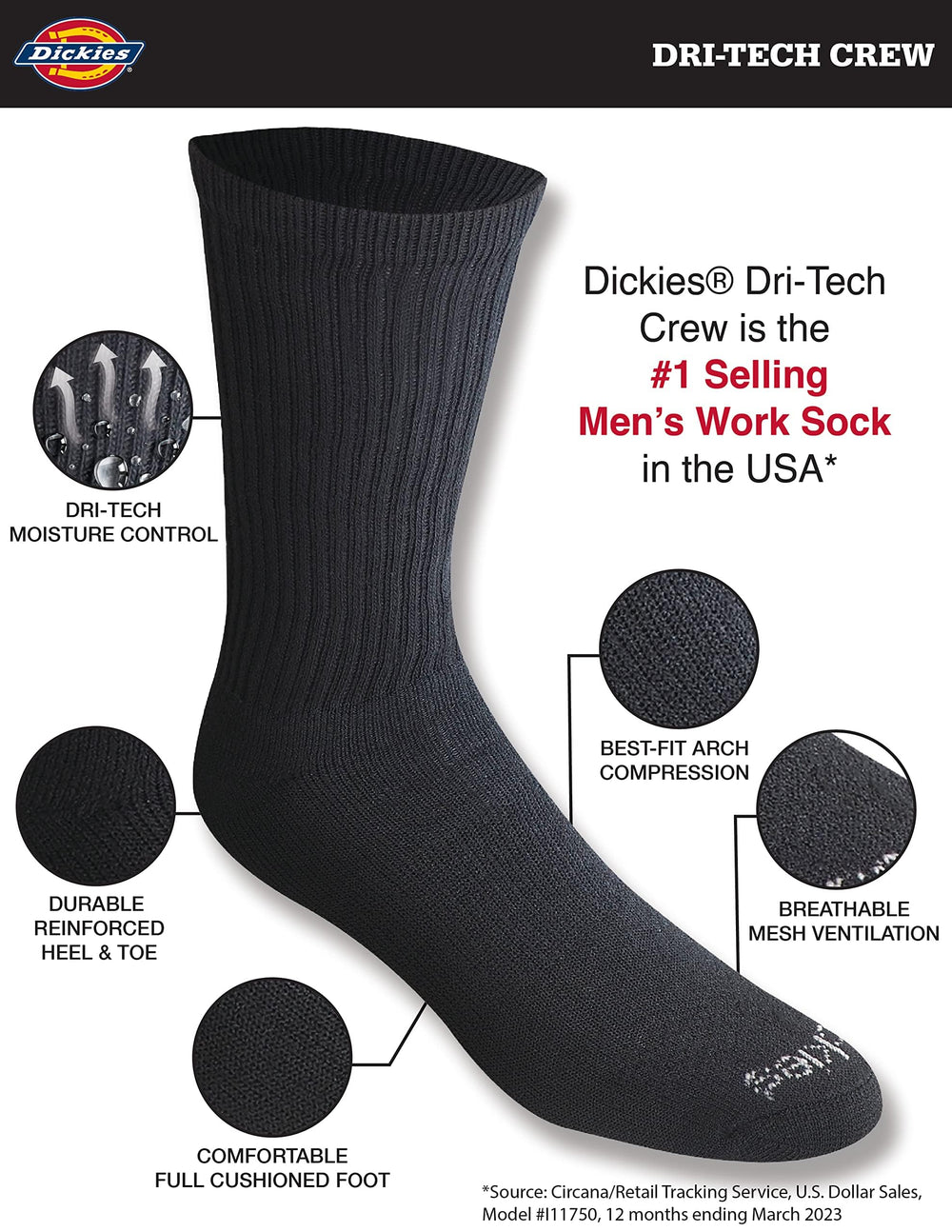 Men's Dri-Tech Essential Moisture Control Crew Socks, Available in M-XXL (6, 12, Solid Black (6 Pairs), Large