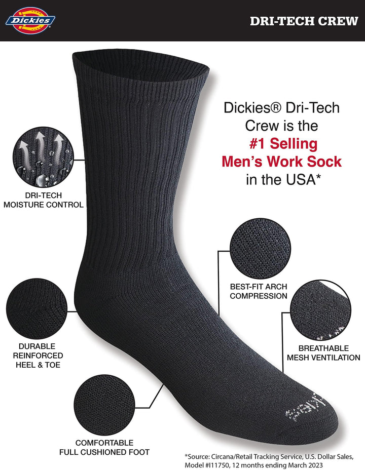 Men's Dri-Tech Essential Moisture Control Crew Socks, Available in M-XXL (6, 12, Solid Black (6 Pairs), Large