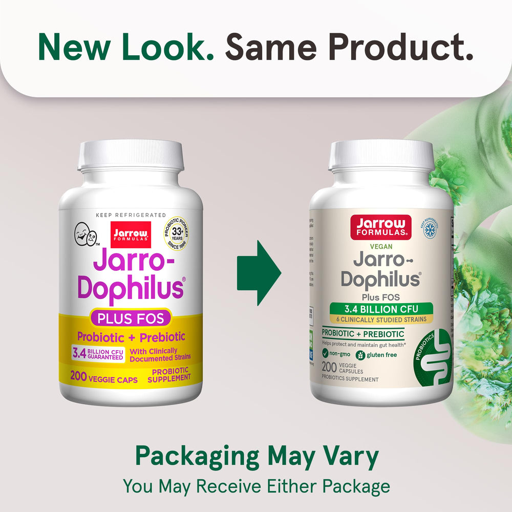 Jarro-Dophilus + FOS - 3.4 Billion CFU Per Serving - Prebiotic & Probiotics Supplement for Immune & Intestine Support - Up to 200 Servings (Veggie Capsules)