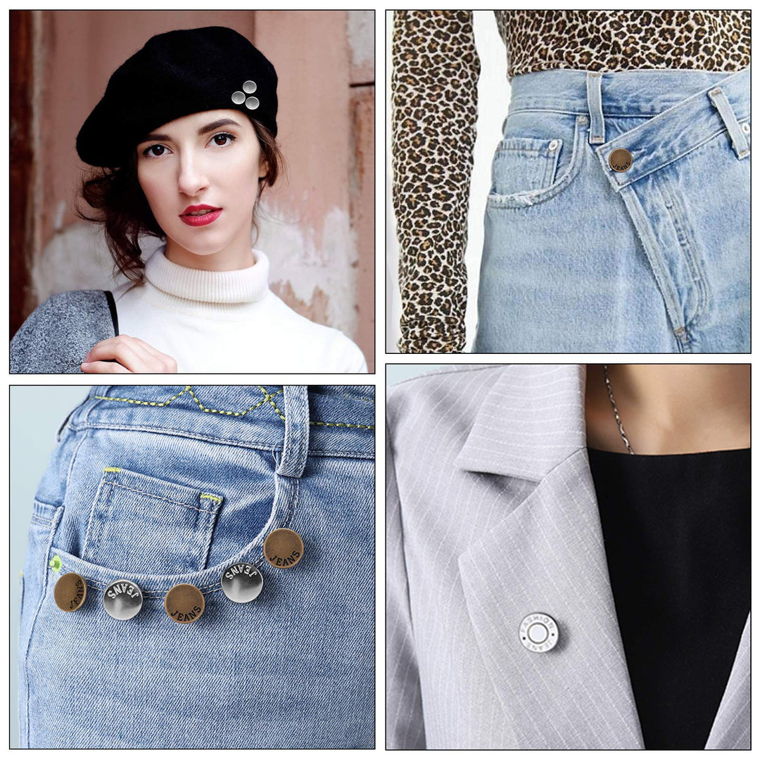 Upgraded 8 Sets Button Pins for Loose Jeans Pants, No Sew No Tool Jean Button Tightener Replacement Adjustable Reusable Metal Clips Snap Tack, Instant Reduce Too Big Pants Waist