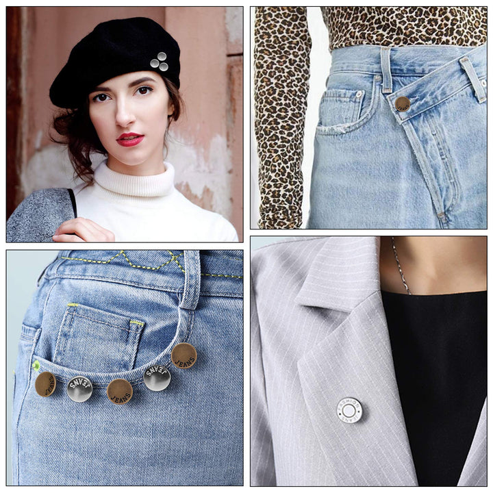 Upgraded 8 Sets Button Pins for Loose Jeans Pants, No Sew No Tool Jean Button Tightener Replacement Adjustable Reusable Metal Clips Snap Tack, Instant Reduce Too Big Pants Waist