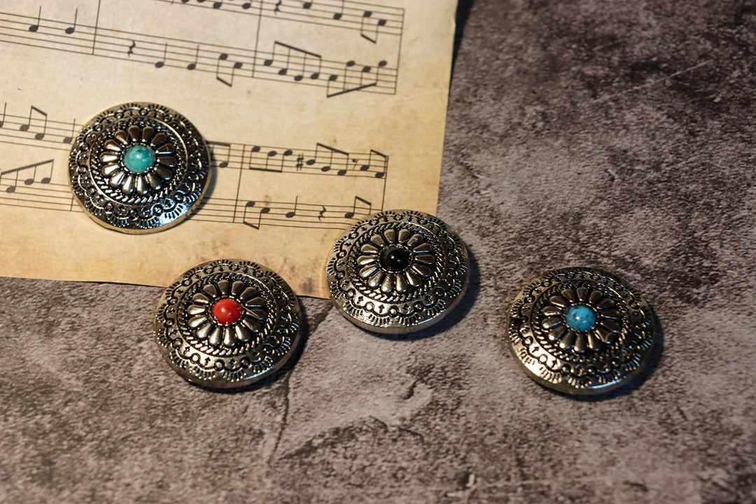 Conchos, Decorative Concho for Handmade, 5 Pack Artificial Turquoise Screw Buttons and Multi Size Screws, Round Metal Sunflower Daisy Indian Eagle OX Head DIY Leathercraft (Sunflower-Green)