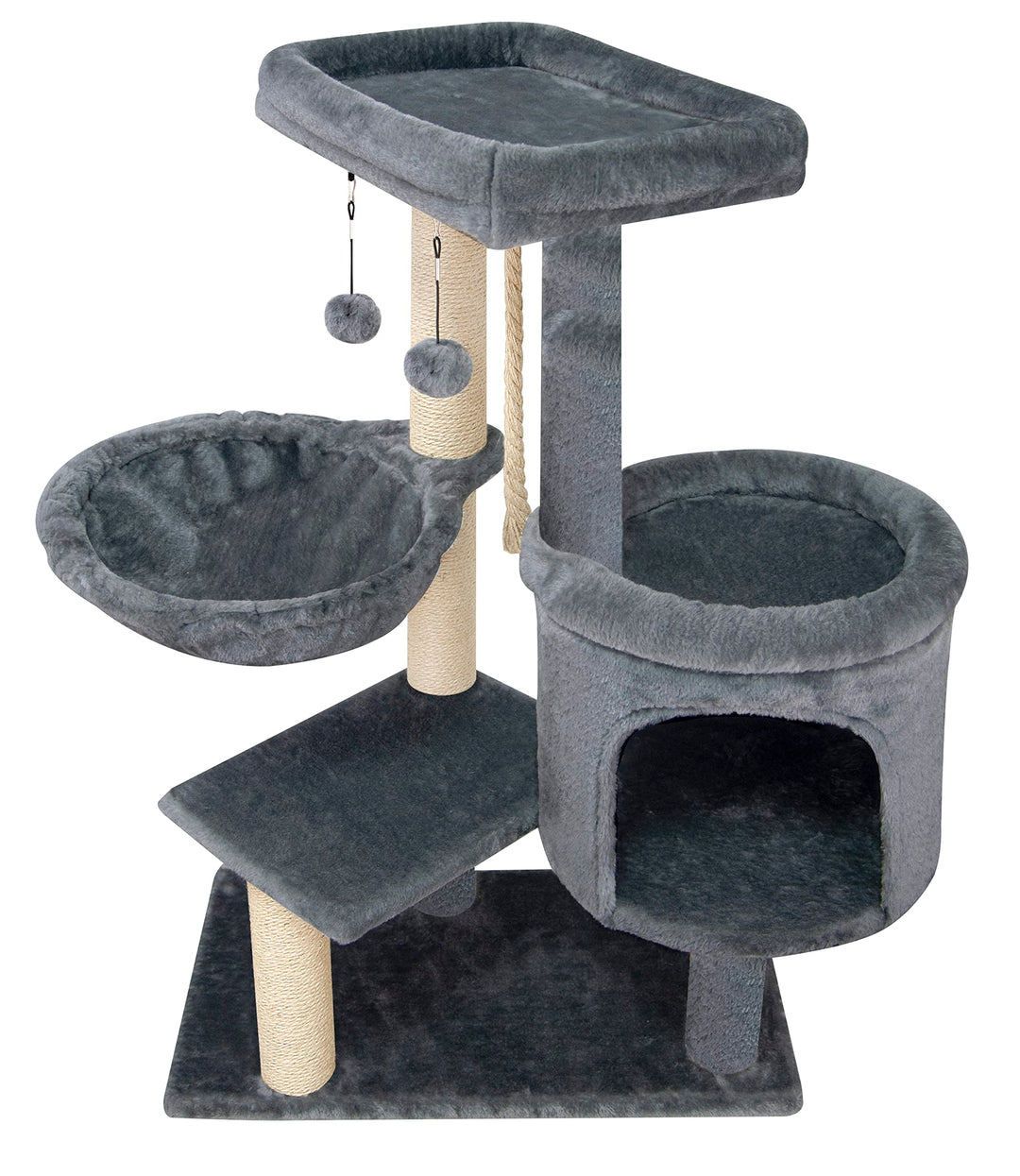 YOUPET 35'' Fashion Design Cat Tree with Cat Condo and Scratching Ramp for Indoor Cats, Activity Center Cat Furniture with Cozy Hammock and Hanging Balls, Grey