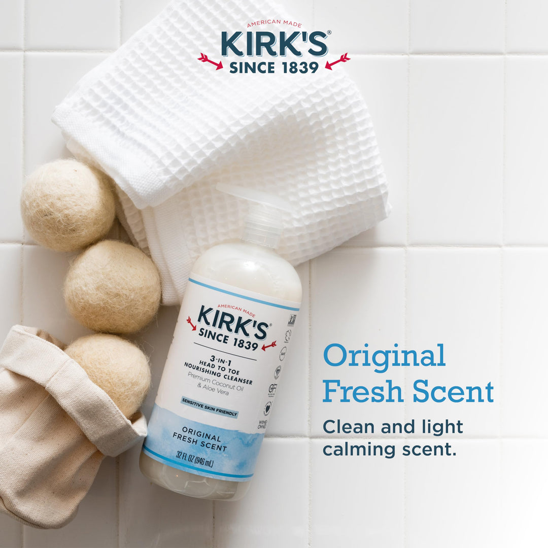 3-in-1 Castile Liquid Soap by Kirk’s | Head-to-Toe Natural Shampoo, Face Soap & Body Wash for Men, Women & Children | Coconut Oil + Aloe Vera | Original Fresh Scent | 32 Fl Oz. Pump Bottle