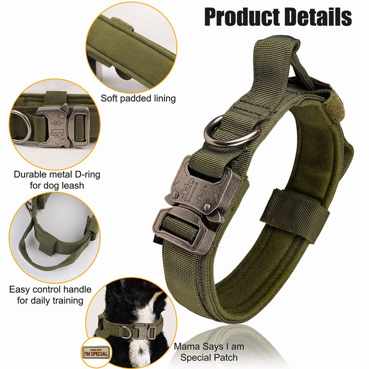 Tactical Dog Collar with Handle,Adjustable Military Dog Collar with Metal Buckle and Patches,Heavy Duty Dog Collars for Medium and Large Dogs (Militarygreen-L)