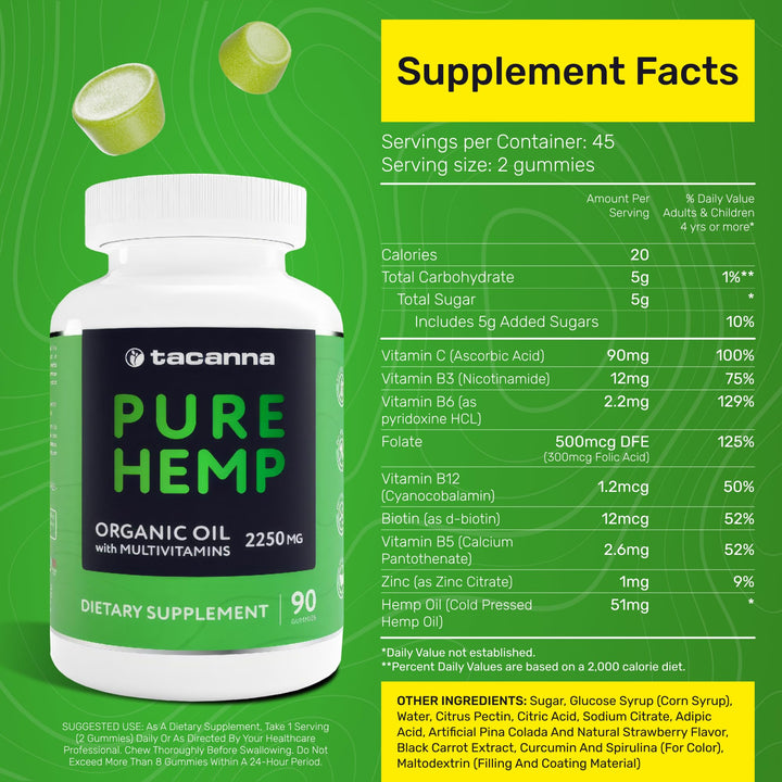 Hemp Gummies - Oil Gummies for Adults with Vitamins C, B3, B6, B12, Biotin, B5 & Zinc for Better Sleep & Calm - Hemp Candy Supplement with Multivitamins & Omega 3, 6, 9-90 Count