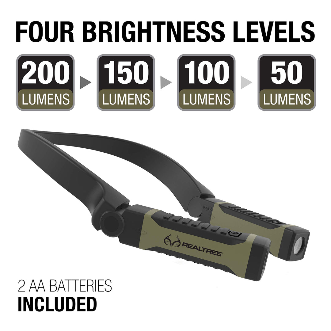 RealTree Alkaline Neck Light for Hands-Free Lighting with high and Low Brightness Modes Great for Camping Light, Hunting Light, Working Light and More, Green