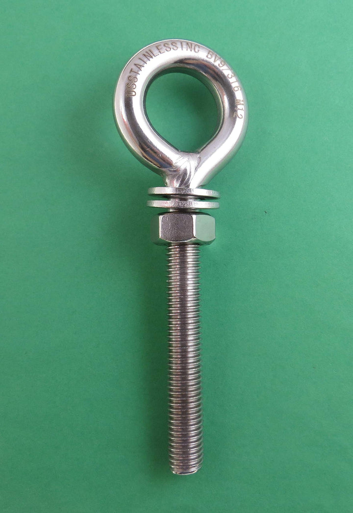 2 Pieces Stainless Steel 316 M12 Eye Bolt 12mm x 80mm (1/2 x 3 3/16) Marine Grade Pitch of 1.75