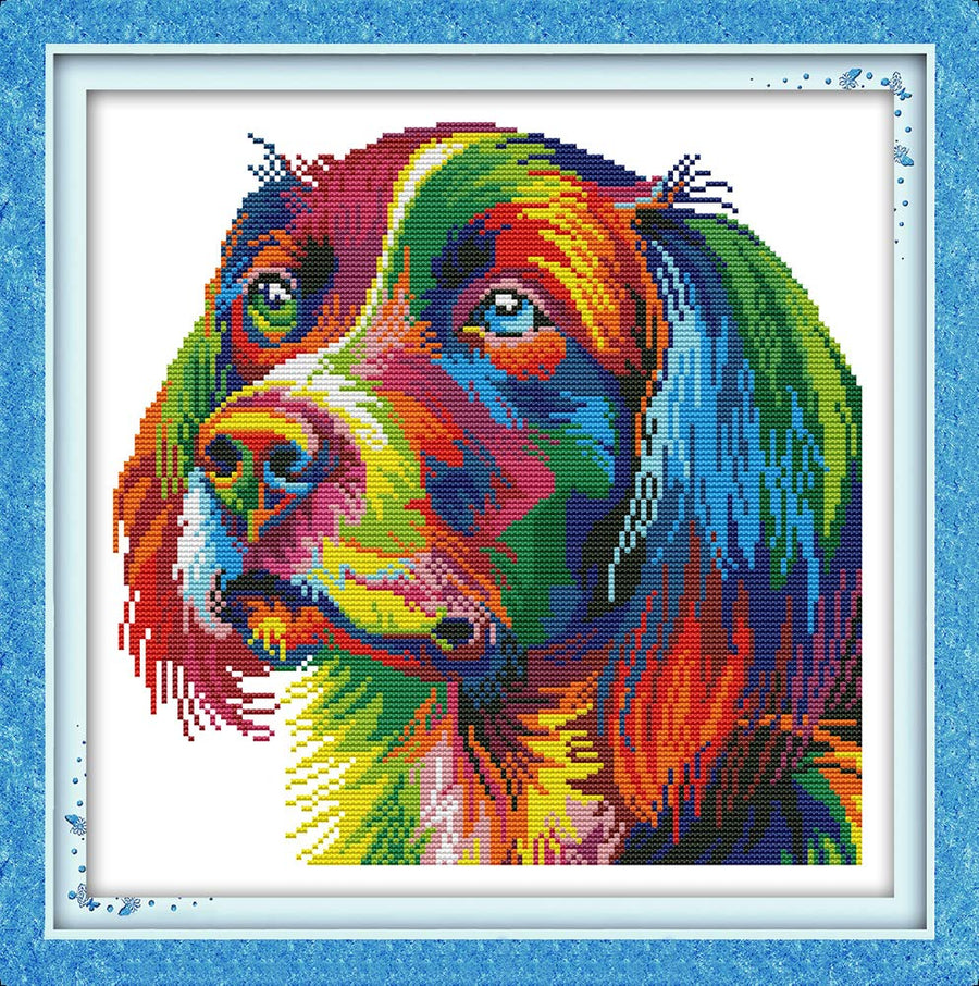 Cross Stitch Stamped Kits Full Range of Embroidery Starter Kits Beginners for DIY 11CT 3 Strands - Rainbow Dog 17.3×17.3(inch)