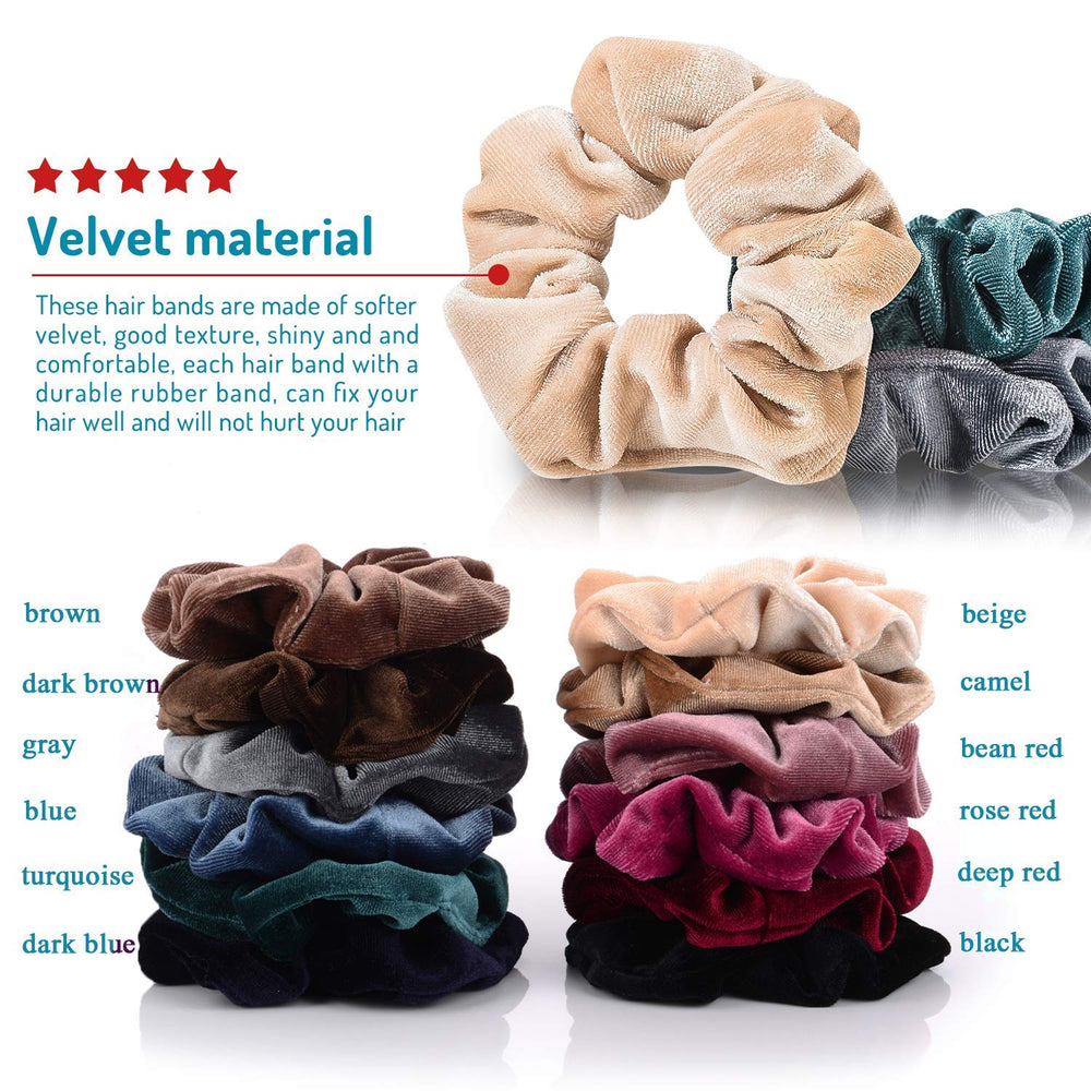 12 Pieces Hair Scrunchies Velvet Elastics Scrunchy Bobbles Soft Hair Bands Hair Ties (12 Colors)