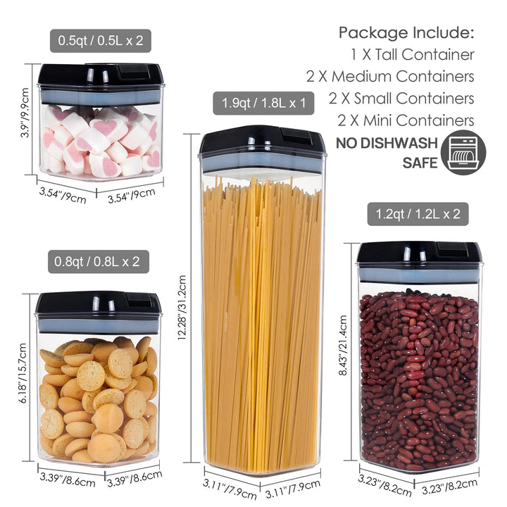 Airtight Food Storage Containers, 7 Pieces BPA Free Plastic Cereal Containers with Easy Lock Lids, for Kitchen Pantry Organization and Storage, Include 24 Labels, Grey