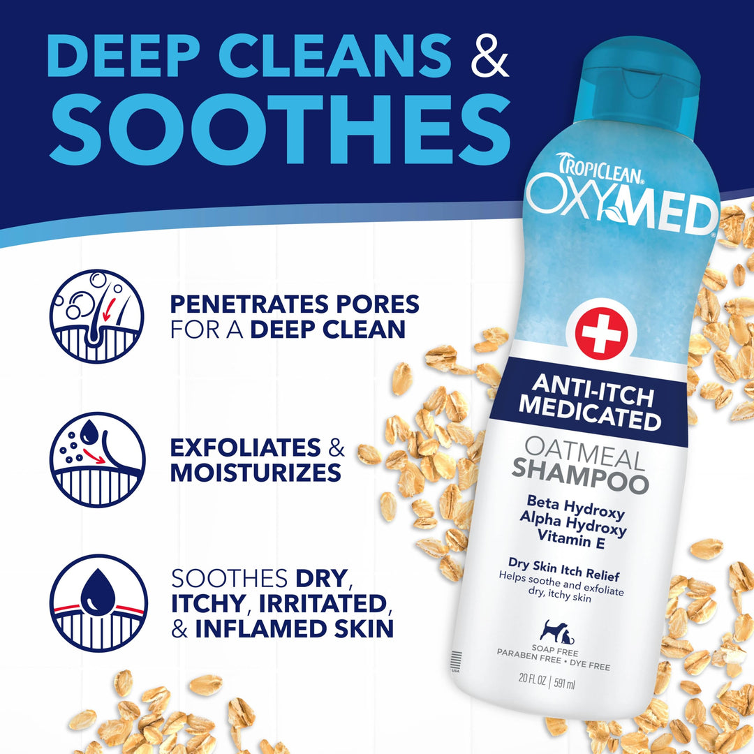 OxyMed Dog Shampoo for Allergies and Itching , Medicated Oatmeal Shampoo for Dry Itchy Skin, Seborrhea, & Hot Spots, Cat Safe, 20oz.