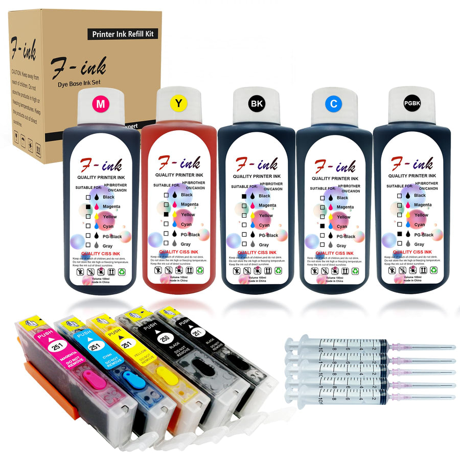 Refillable Ink Cartridges and 5 Bottles Dye Ink Replacement for Canon PGI-250XL CLI-251XL,Works with PIXMA MX922 MG7520 MG5520 MG5420 MG6620 MG5620 IP7220 IX6820 MG6420 MX722 MG5422 MG5522