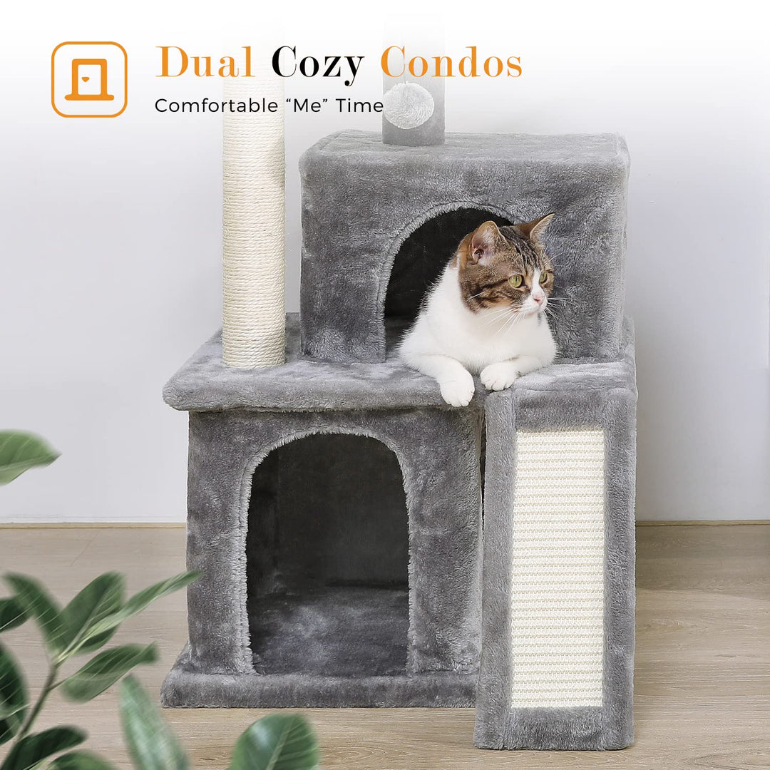 34 Inches Cat Tree Multilevel Cat Tower with Double Condos, Spacious Perch, Fully Wrapped Scratching Sisal Post and Replaceable Dangling Balls Gray