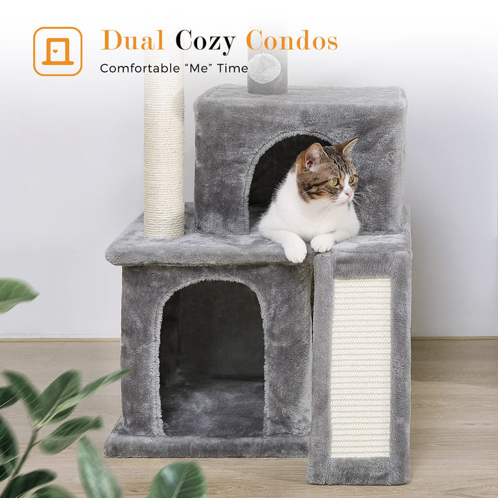 34 Inches Cat Tree Multilevel Cat Tower with Double Condos, Spacious Perch, Fully Wrapped Scratching Sisal Post and Replaceable Dangling Balls Gray