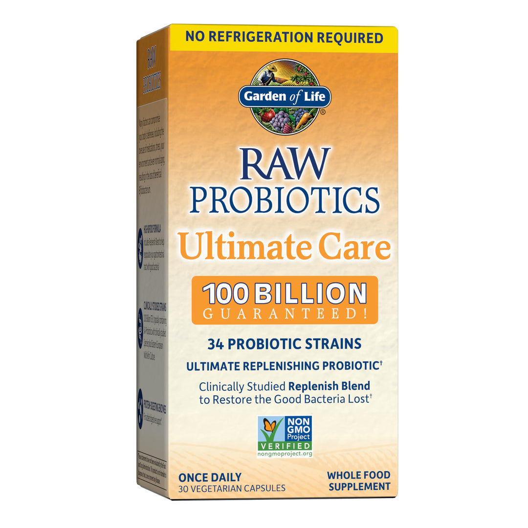 Raw Probiotics - 100 Billion CFU, Shelf Stable, 30 Capsules - For Men and Women, Digestive Enzymes, Clinically Studied Strains -
