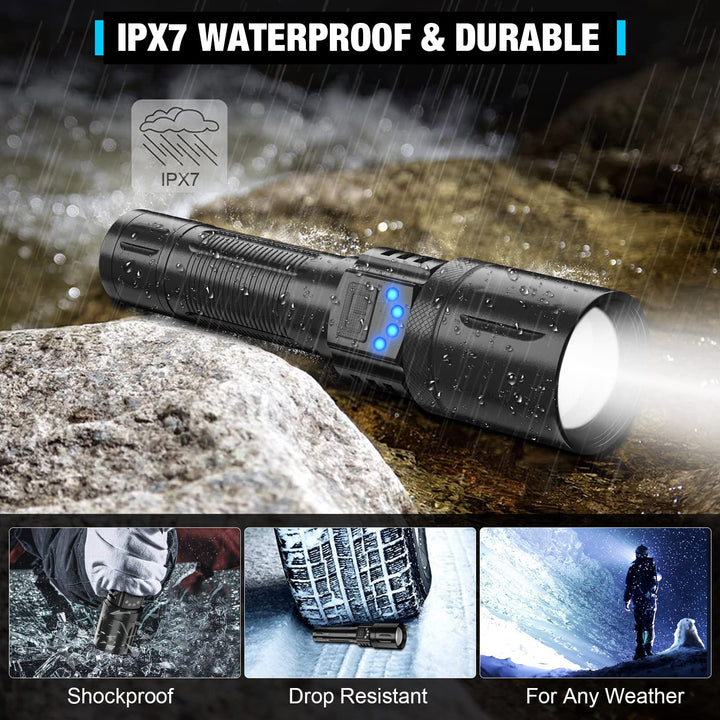 Rechargeable Tactical LED Flashlights,Super Bright 10000 Lumens Flashlight High Lumen(for Camping and Hiking) with Waterproof,Zoomable,Small Flashlight for Emergency