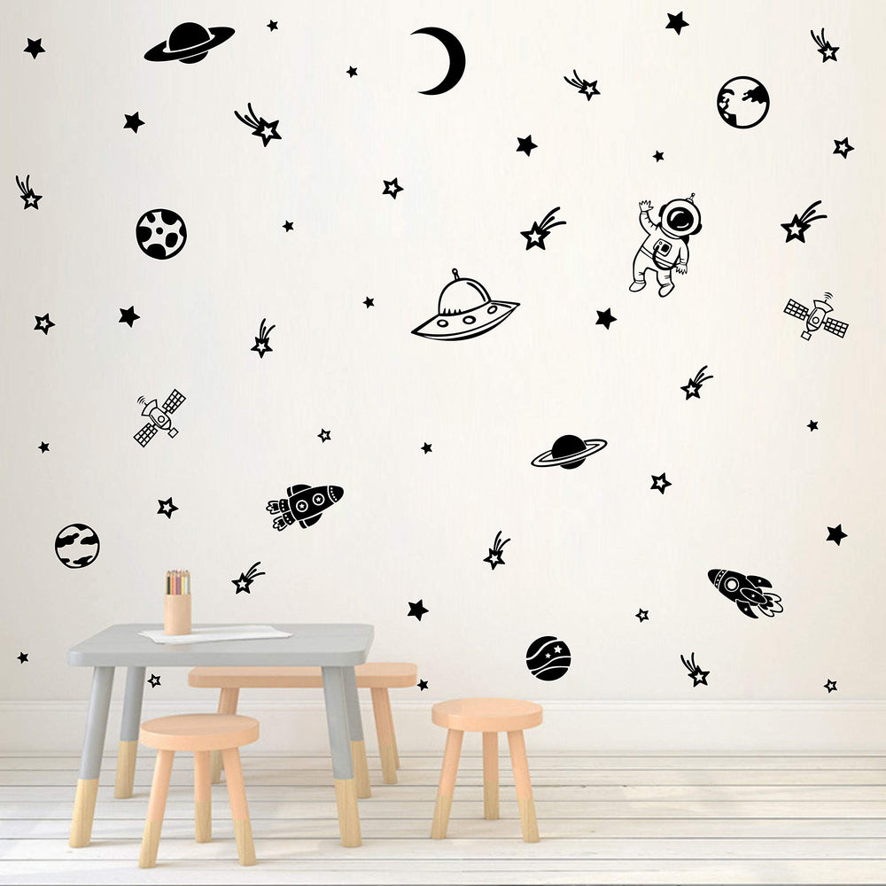 Outer Space Wall Decals for Boys Bedroom Decoration Rockets Planets Stars Wall Stickers Removable Wall Decor for Baby Kids Room (33) (Black)