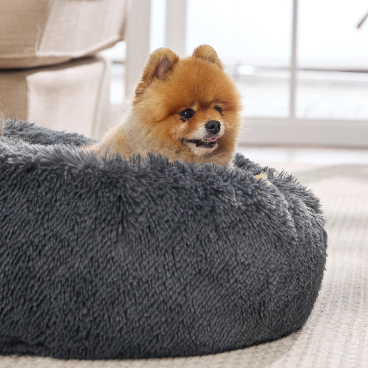 Calming Dog Bed for Small Dogs - Donut Washable Small Pet Bed, 23 inches Anti-Slip Round Fluffy Plush Faux Fur Large Cat Bed, Fits up to 25 lbs Pets, Dark Grey