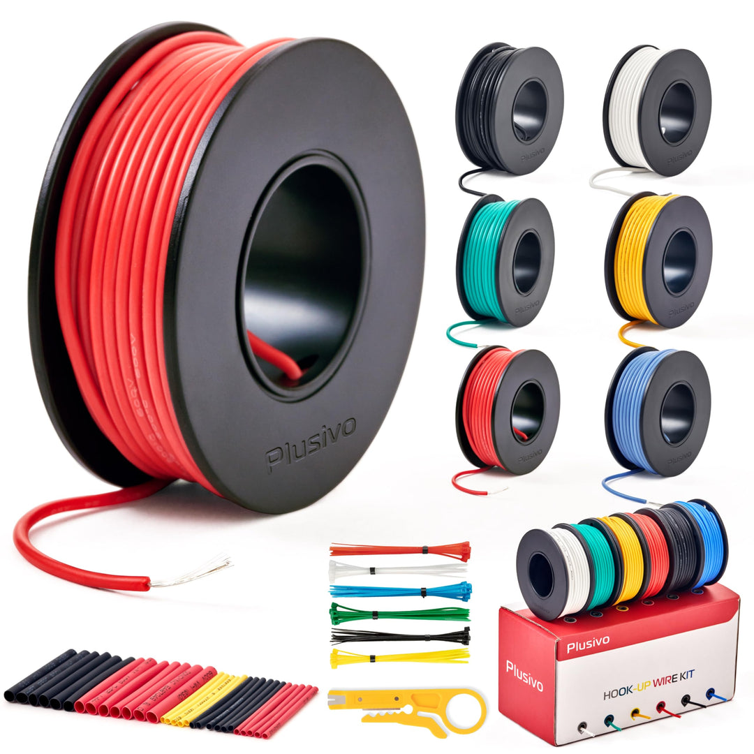 22 AWG Stranded Wire Kit – Silicone Coated Copper Wires 22 Gauge Pre-Tinned 23ft/7m Each Spool, 6 Colors (Black, Red, Yellow, Green, Blue, White), Electrical Jumper Wire Hook Up Wire Kit