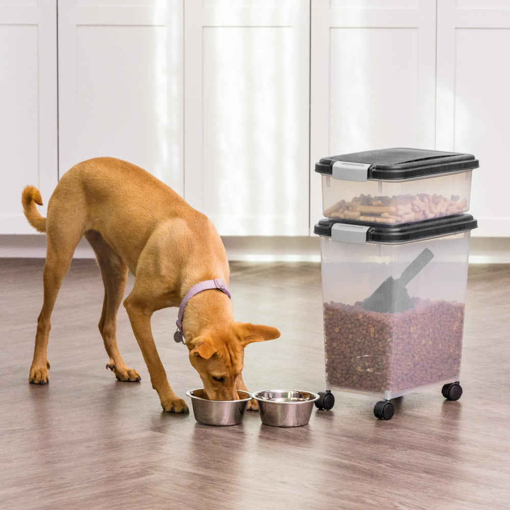 USA Dog Food Storage Container, 30 lbs & 11 lbs Combo, Cat Food Storage Container, Dog Treat Container, Airtight, Stackable, 2-Cup Scoop, Wheels, Easy Mobility, Black