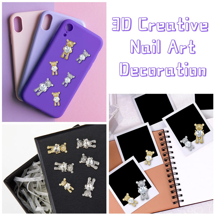 60 Pieces Bear Nail Art Decoration 3D Cute Bear Nail Charm Crystal Bear Shaped Rhinestones Bear Nail Ornaments DIY Bear Nail Design Decoration for Nail Art, DIY Crafts, Manicure Tips Decoration