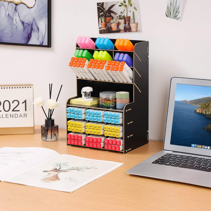 Upgraded Wooden Pencil Holder, Pen Organizer for Desk, Easy Assembly, Art Supply Organizer, Desktop Stationary Organizer Caddy (Black)