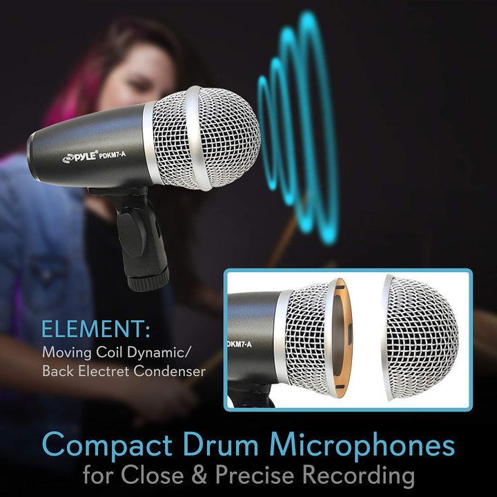 7-Piece Wired Dynamic Kit-Kick Bass, Tom/Snare & Cymbals Microphone Set-for Drums, Vocal, & Other Instrument-Complete with Thread Clip, Inserts, Mics Holder & Case, Black