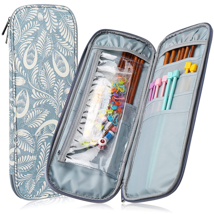 Knitting Needle Case Travel Organizer Storage Zipper Bag for Straight Knitting Needles (Up to 14''), Knitting Organizer Case for Crochet Needle, Knitting Crochet Supplies Accessories, Blue