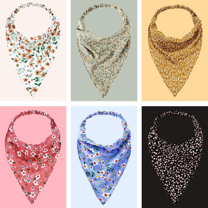 6 Pcs Floral Elastic Hair Bandanas Boho Scarf Headband Chiffon Head Kerchief Turban with Hair Clips for Women(Boho Floral Patterns)