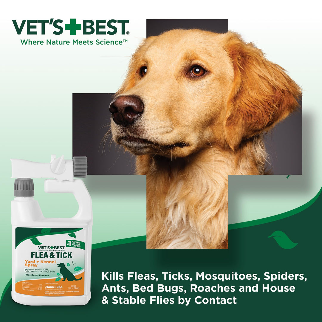 Vet's Best Flea and Tick Yard and Dog Kennel Spray, Mosquito Repellent with Certified Natural Oils, Plant Safe with Ready-to-Use Hose Attachment, Flea and Tick Prevention for Dogs, 32 oz