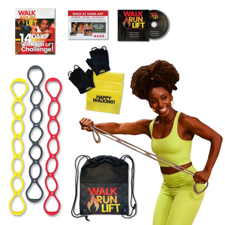 Walk Run Lift Band Bag Bundle with 7 Ring Resistance Bands, Happy Walking Firm Band, 1 DVD (3 Workouts) and Drawstring Bag for Home Workout Walking Exercise