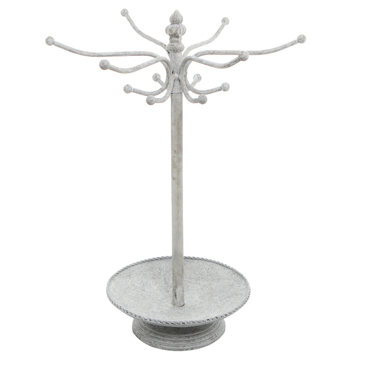 Vintage White Metal Necklace and Bracelet Organizer Jewelry Stand with 12 Hooks and Ring Dish Tray, Multipurpose Accessory and Keychain Holder Display Rack